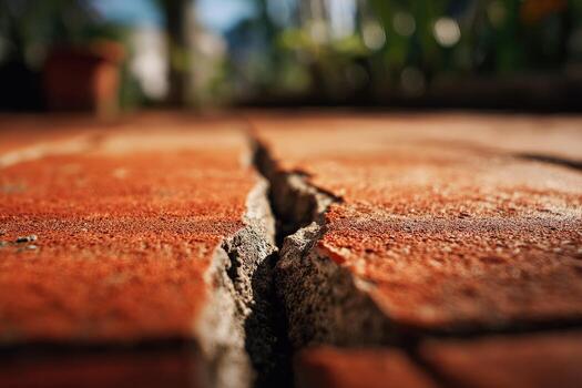 A crack in the ground that is on a brick walkway photo