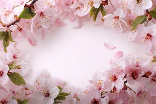 A round frame of pink flowers on a white background photo