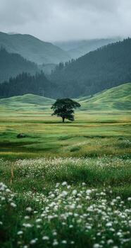 A lone tree in a green field with flowers photo