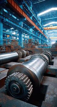 A large factory with many metal rollers photo