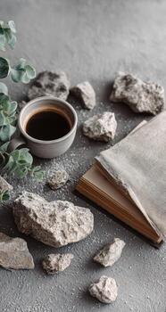 Coffee and book on grey background photo