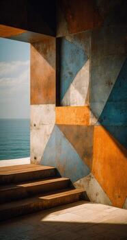 A concrete wall with a window and stairs leading to the ocean photo