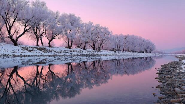 A river with snow covered trees and trees reflecting in the water photo