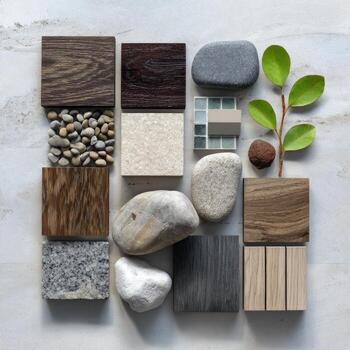 Various types of wood, stone and plants on a table photo