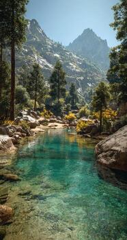 A beautiful mountain stream with clear water and trees photo
