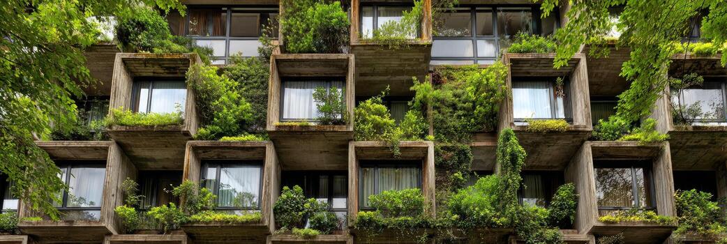 A building with many windows and plants growing on the balconies photo
