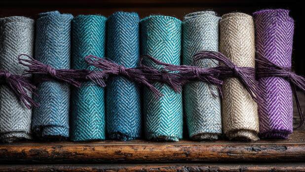 A pile of colorful fabric tied with twine photo