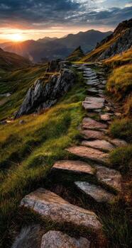 A stone path leads to the sunset in the mountains photo