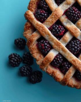 A blackberry pie with lattice on a blue background photo
