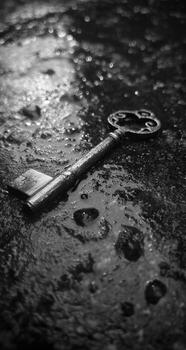 A key laying on the ground in the rain photo