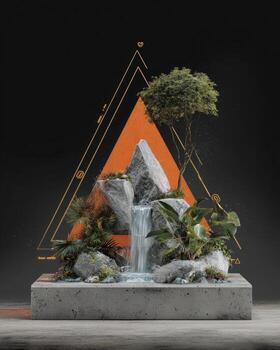 A waterfall and plants in a triangle photo