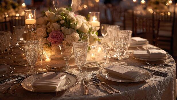 A table setting with white and pink flowers and candles photo
