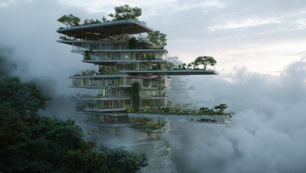 A futuristic building with trees on top of it photo
