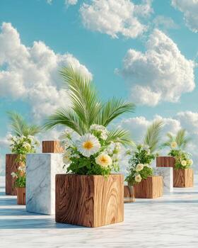 3d rendering of wooden planters with flowers on a blue sky background photo