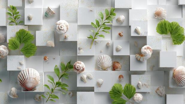 3d rendering of sea shells and plants on a white cube wall photo