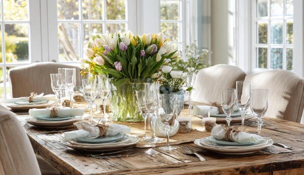A dining table set for a dinner party photo