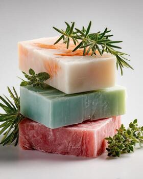 Three different colored soap bars with rosemary sprigs photo