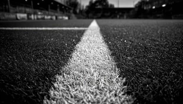 A black and white photo of a soccer field