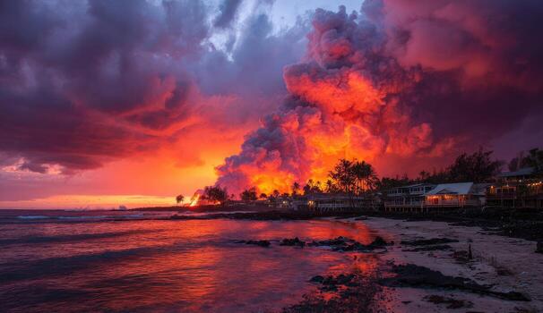 The lava flow from the kilauea volcano is seen from the shore photo