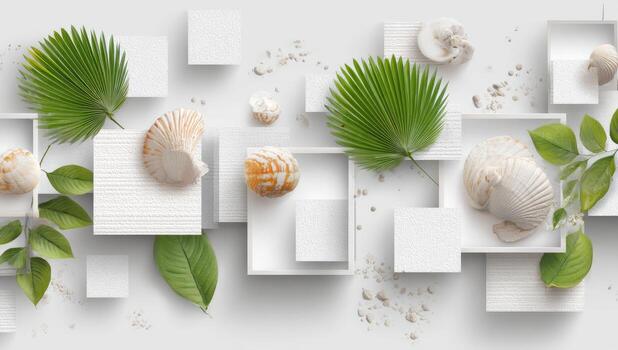 3d rendering of shells, leaves and palm leaves on a white background photo