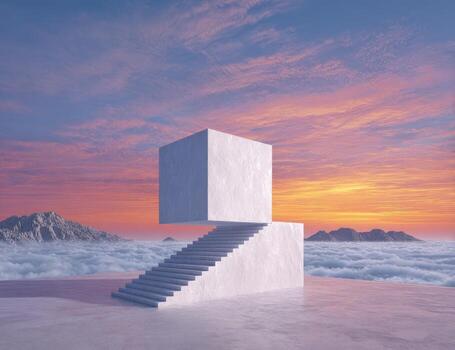 A white cube with stairs leading up to it photo