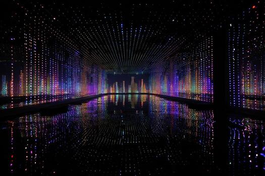 A dark room with many lights and a reflection photo