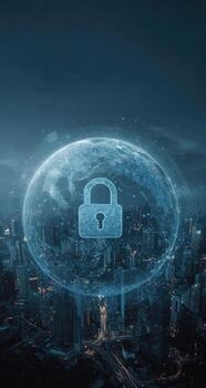 Security concept with padlock over city skyline photo