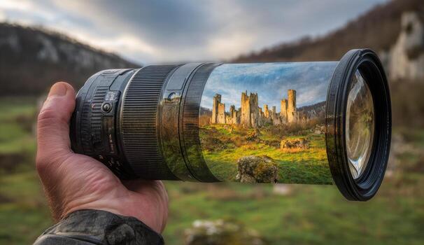 A person holding up a lens with a castle in the background photo