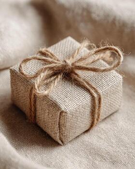 A small gift wrapped in burlock with a bow photo