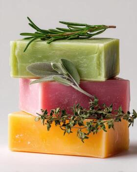 Three different colored soap bars with herbs on top photo