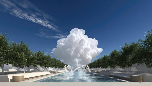 un nube conformado fuente en un parque con arboles foto