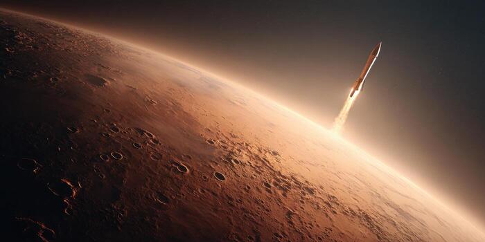 An artist's rendering of a rocket flying over the surface of mars photo