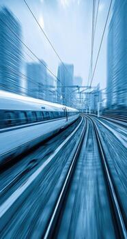 A blurry image of a train speeding down the tracks photo