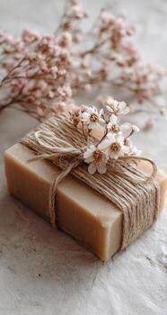 A soap bar wrapped in twine with flowers photo