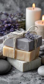 Soap, candles and lavender on a gray background photo
