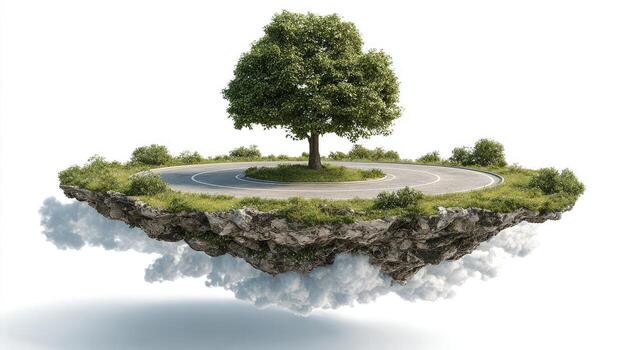 A tree on an island with a road in the middle photo