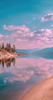 A calm lake with a sky and trees photo