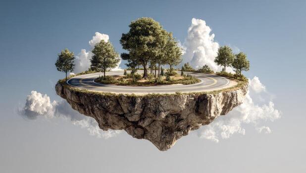 An island with a road on it and trees photo