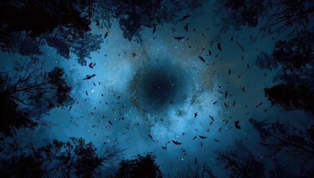 A black hole surrounded by trees and birds photo