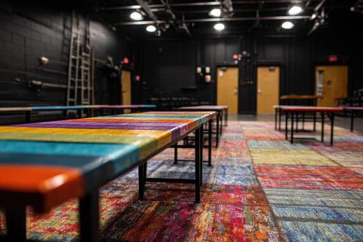 A row of colorful benches in a theater photo
