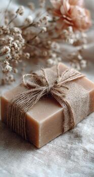 A soap bar wrapped in twine with dried flowers photo