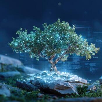 A tree with glowing lights on it in front of a computer screen photo