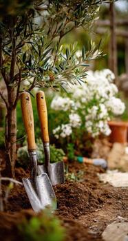 Two garden tools are sitting on the ground next to a tree photo