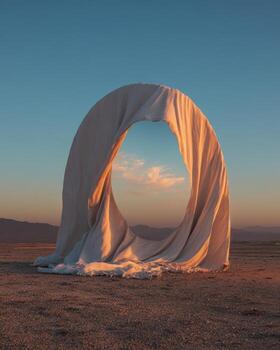 A large white tent in the desert with a large hole in the middle photo