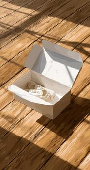 An empty box on a wooden floor with a window photo