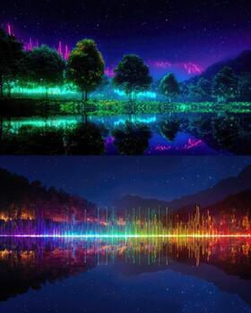 A series of images of a lake and trees at night photo