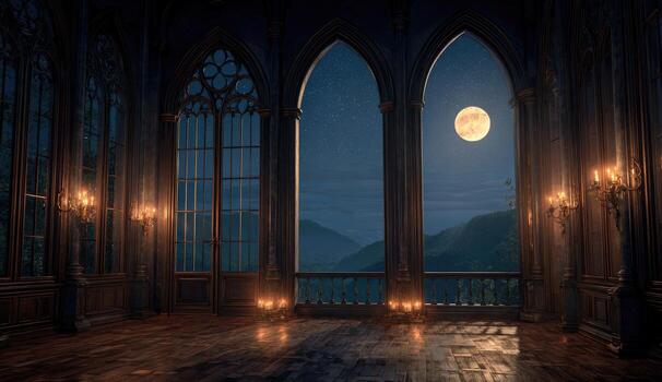 A room with a full moon and windows photo