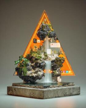 A triangle shaped sculpture with a waterfall inside photo