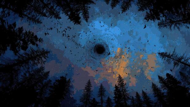 A black hole in the sky with trees and birds photo
