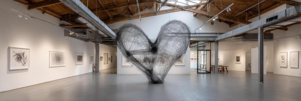 A large sculpture made of wire in an art gallery photo